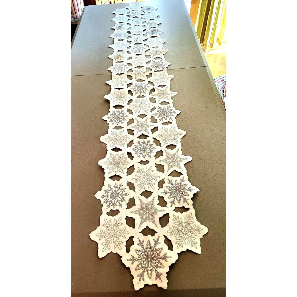 Christmas Table Runner Open Work Snowflakes White Silver Embroidery 70 x 13 #02